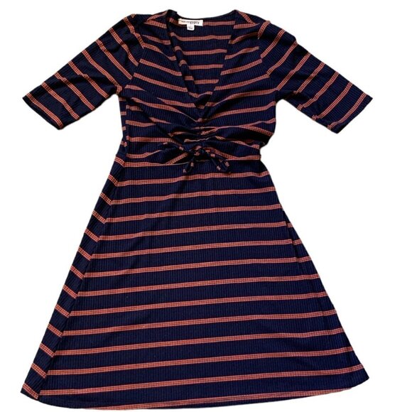 Social Gypsy Striped Cutout Tie Waist Dress S Navy Blue & Coral Red #24J - Picture 7 of 10